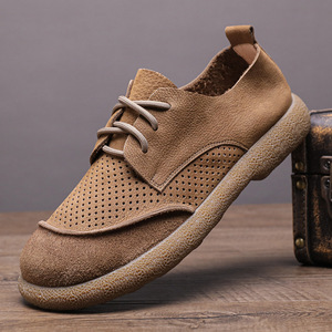 Chaussures en cuir perforées pour hommes, bout rond, respirantes, style rétro, chaussures bateau décontractées d'été, semelle extérieure en caoutchouc, semelle intermédiaire en EVA - Product Image 1