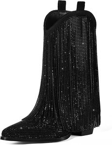 <span class=keywords><strong>Stivali</strong></span> da <span class=keywords><strong>Cowboy</strong></span> Alti da <span class=keywords><strong>Donna</strong></span>, Stile Western con Strass e Nappe, Chiusura a Zip, Tomaia in Microfibra, Tacco Grosso 7,5 cm, Punta Affusolata - Product Image 4