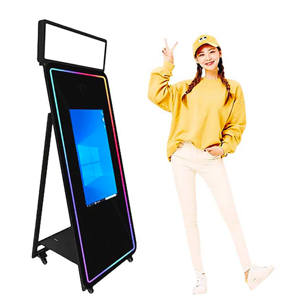 Interactive Selfie Photo Booth Mirror Kiosk Machine Selfie Video Free Accessories 70 Inch Mirror Photo Booth Stand