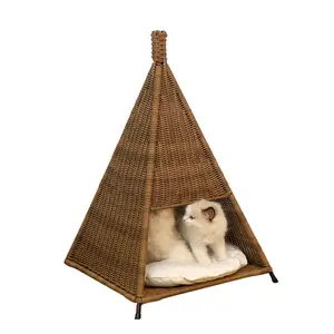 Handmade weaving PE rattan small little pet toy cat house pet bed indoor