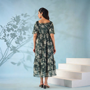 Robe midi évasée à imprimé floral, épaules dénudées, manches courtes et volants, en mousseline, style bohème décontracté pour l'été, pour femme - Product Image 1