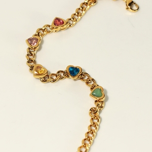 Y2K Trend Multicolor Heart <b>Crystal</b> Cuban Link <b>Bracelet</b> Waterproof Anti-fade Gold Stainless Steel Thick Chain <b>Bracelet</b> - Product Image 2
