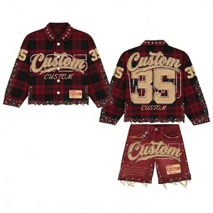 Completo da Uomo YYSY Streetwear: <span class=keywords><strong>Camicia</strong></span> a Maniche Lunghe con Strass e <span class=keywords><strong>Jeans</strong></span> Corti a Quadri in Cotone - Set Due Pezzi - Product Image 6