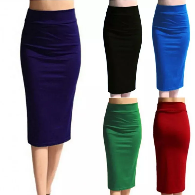 Women Europe 2022 Midi Long Skirt Female Elastic Stretch Girls Simple Base Pencil Dress Solid Color Office Lady Casual Skirt