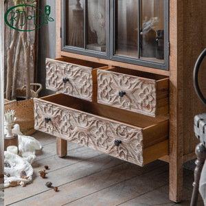 Vintage Distressed Entryway Cabinet With Carved Details Storage <b>Sideboard</b> For Living Room - Product Image 3