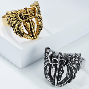 Anello in Acciaio Inossidabile con San Michele Arcangelo, Gioielleria di Moda Europea e Americana, Anello Vintage con Ali e Piume per Dito Indice - Product Image 1