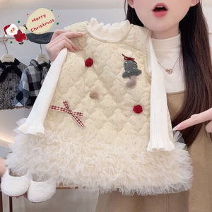 Christmas Girls' Long Sleeve Vest Dress With Tulle Skirt And Pom Poms For Autumn Winter - Product Image 4