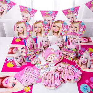 핑크 소녀 파티 용품 세트 접시 빨대 초대장 카드 배너 일회용 식기 아이 생일 베이비 샤워 장식