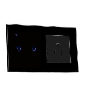 Tipo estándar de EE. UU. 146 Panel de vidrio negro inteligente WIFI 2 Gang 1 way switch 3 pin socket voz interruptor de sincronización remoto