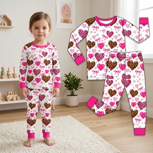Conjunto de Ropa de San Valentín para Niñas, Pijama de Manga Larga con Estampado de Corazón Rosa y Lazo Azul - Product Image 5