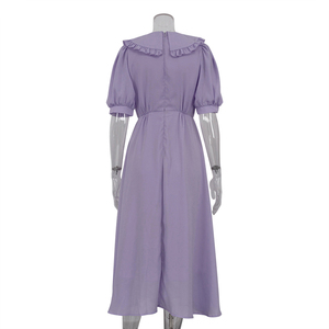 Abito Elegante Estivo da Donna con Colletto Peter Pan e Zip Posteriore, Maniche Corte a Sbuffo, Lunghezza Lunga, Colore Viola, Collezione 2025 - Product Image 5