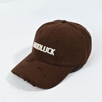 Gorra de béisbol de 6 paneles con logo personalizado al por mayor, estilo vintage desgastado con agujeros, aplique de algodón y hebilla de cobre dorado para marcas, venta al por mayor