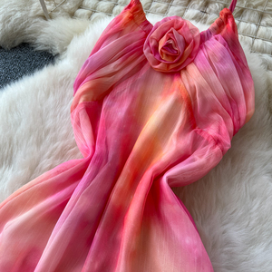 Vestido Halter Coqueta Francés para Mujer, Vestido Floral 3D con Estampado de Acuarela y Cintura Ajustable para Vacaciones en la Playa - Product Image 3