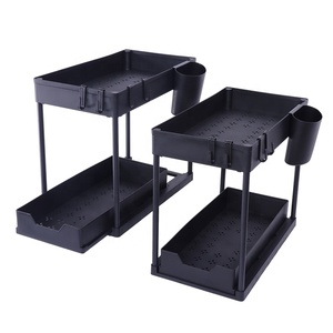 Rak Penyimpanan Serbaguna 2 Tingkat Geser di Bawah Kabinet untuk Dapur dan Kamar Mandi dengan Gantungan Cangkir - Product Image 1