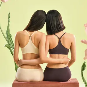 Women Front Closure Quick Dry One Piece Thin Pads Invisible Underwear Tank Top Knitted Yoga Bra & Brief Set