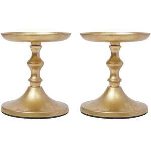 Hosley Set 2 Gold Aluminum Metal <b>Candlestick</b> <b>Holders</b> 5 Inch High Decorative Pillar Candleholders for Christmas Display Candles - Product Image 1