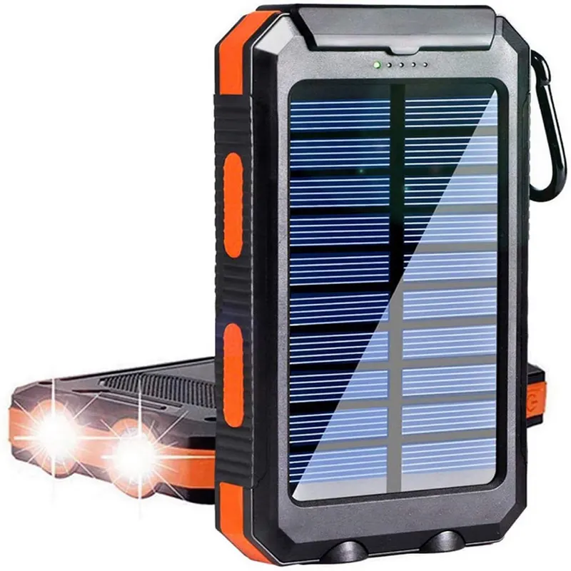 Waterproof Solar Portable Power Bank 10000mah 20000mah Dual USB Li-Polymer Battery Charger Solar Power Banks with LED Flashlight