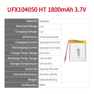 Ufx104050 3.7v טמפרטורה גבוהה 1800mah pouch סוללה נטענת למכשירי חיצוניים - Product Image 2
