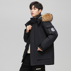 2026 US Canada UK Europe Winter Popular Luxury Design Goose Down Men Moose <b>Fur</b> <b>Hooded</b> <b>Coat</b> Knuckle Jacket <b>Black</b> Badge - Product Image 6