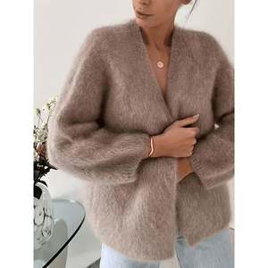 Cardigan en peluche style alpaga pour femme, marron café, taille S(66), élégant haut d'hiver - Product Image 1