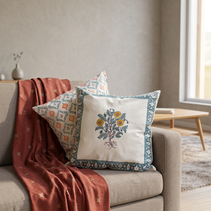 PRABHAVA Hand Block Bohemian Vintage Floral Cotton 400TC Washable Customizable <b>Throw</b> <b>Pillow</b> Cover 16x16 Square Zipper Decor - Product Image 3