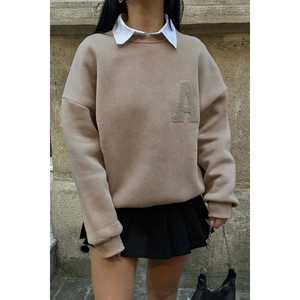 Sweat-shirt en soie pour l'automne et l'hiver avec capuche, beige, broderie de lettres 3D, devant long doublé, logo imprimé, taille XS - Product Image 2