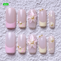 Uñas postizas acrílicas 3D con diseño floral, hechas a mano, estilo ataúd, francesas, de presión, largas, cuadradas, uñas postizas artificiales para dedos.