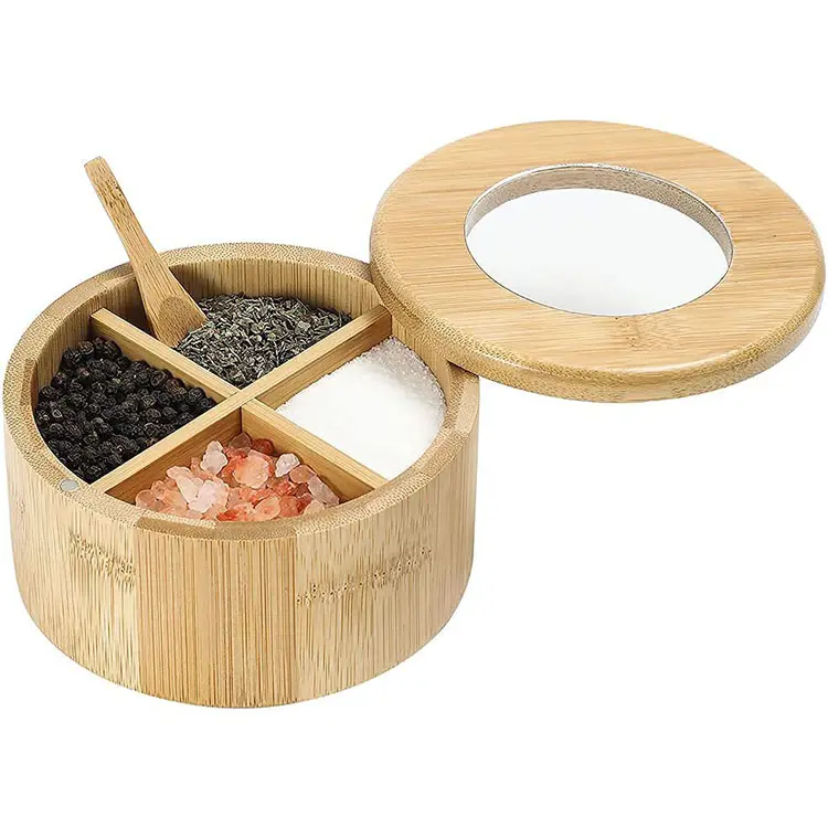 Custom 4 Compartments Round Spice Jar Wood Salt Cellar Bamboo Salt Box with Swivel Magnetic Lid and Spoon