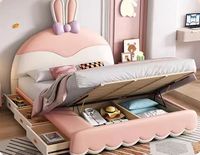 Lit de rangement pour enfants en bois avec garde-corps rembourré en cuir, nouveau design 2026, lit de rangement pour enfants en forme de lapin