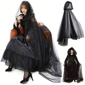 Cape de sorcière en maille à capuche, taille unique, noire, pour Halloween et cosplay - Product Image 1