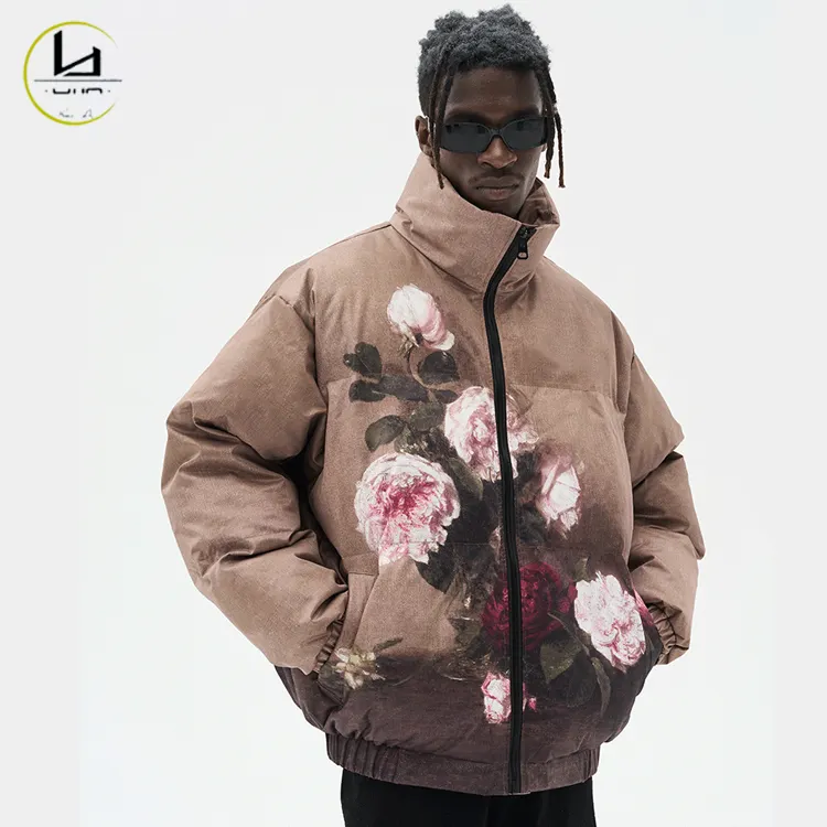 designer streetwear trendy flower print puffer jacket thick winter jacket men down coat puffer