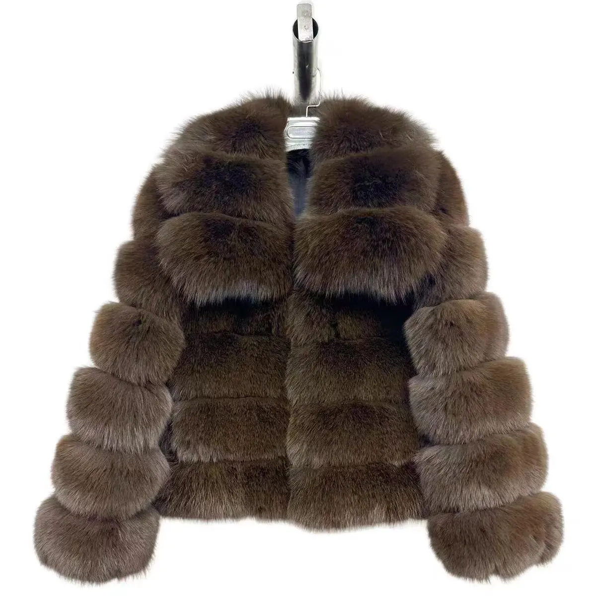 Venta al por mayor de moda cuello vuelto Mujer chaqueta de piel mullido marrón de lujo abrigo de piel de zorro Real