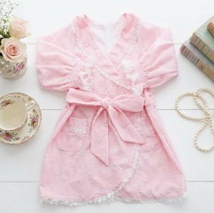 Vestido de Algodón Estilo Vintage para Bebé Niña con Ribete de Encaje y Lazo en la Cintura, Camisón Rosa Suave para Bebés y Niñas Pequeñas - Product Image 1