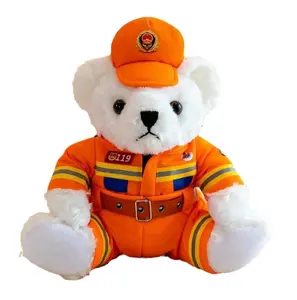 Funny fire bear stuffed toy custom logo uniform bear wholesale stuffed animal toy