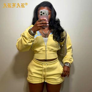 Y2k Custom Women's Luxury Designer Clothing French Terry Zip up <strong>Hoodie</strong> with Rivet <strong>Jogger</strong> Shorts Tracksuit Set for Women - Product Image 1