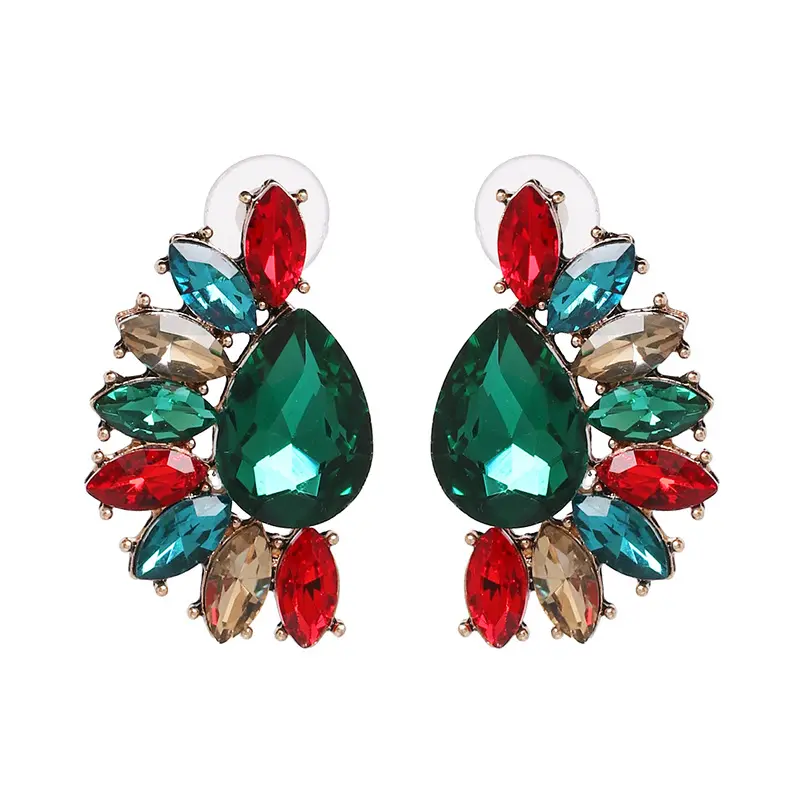 HOVANCI Alloy Crystal Geometric Stud Earrings Statement Queen Aurora Borealis AB Rhinestone Glass Bead Pave Metal Earrings
