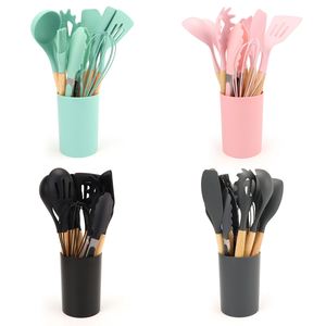 Cooking Non Stick Pot Storage Bucket Wooden Handle Silicone <b>Kitchenware</b> Set of 12 Silicone <b>Kitchenware</b> Shovel Set - Product Image 3