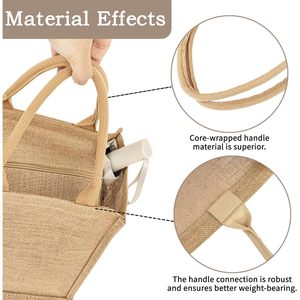 Sac fourre-tout fait sur commande du jute 2025 pour la fermeture de tirette de femmes Bualap avec le texte et le logo adaptés aux besoins du client Images - Product Image 4