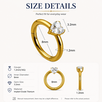 Anneau segmenté articulé en forme de cœur avec zircone cubique ASTM F136 Ti, ton or et argent, sans nickel, hypoallergénique, pour piercing de nez et de septum, vente en gros