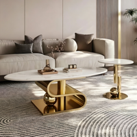 Ensemble de table basse de luxe en acier inoxydable courbé avec plateau en pierre frittée, base sphérique dorée, table personnalisée pour salon, mobilier de maison
