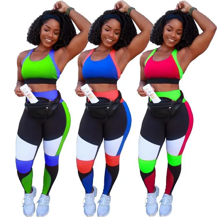 OSINA Hot Sale Color Block Sport Vest Leggings Jogger Gym Summer Womens Two Piece Set Tracksuit