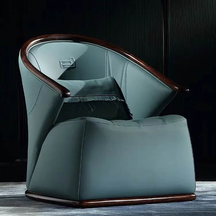 Современное Высококачественная деревянная натуральная кожа, кресло для отдыха для одного человека, гостинная, темно-золотое, деревянное дизайнерское кресло для дивана