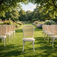 Chaise en plastique PP imitation rotin robuste avec assise tressée respirante pour événements extérieurs et mobilier de salle à manger d'hôtel