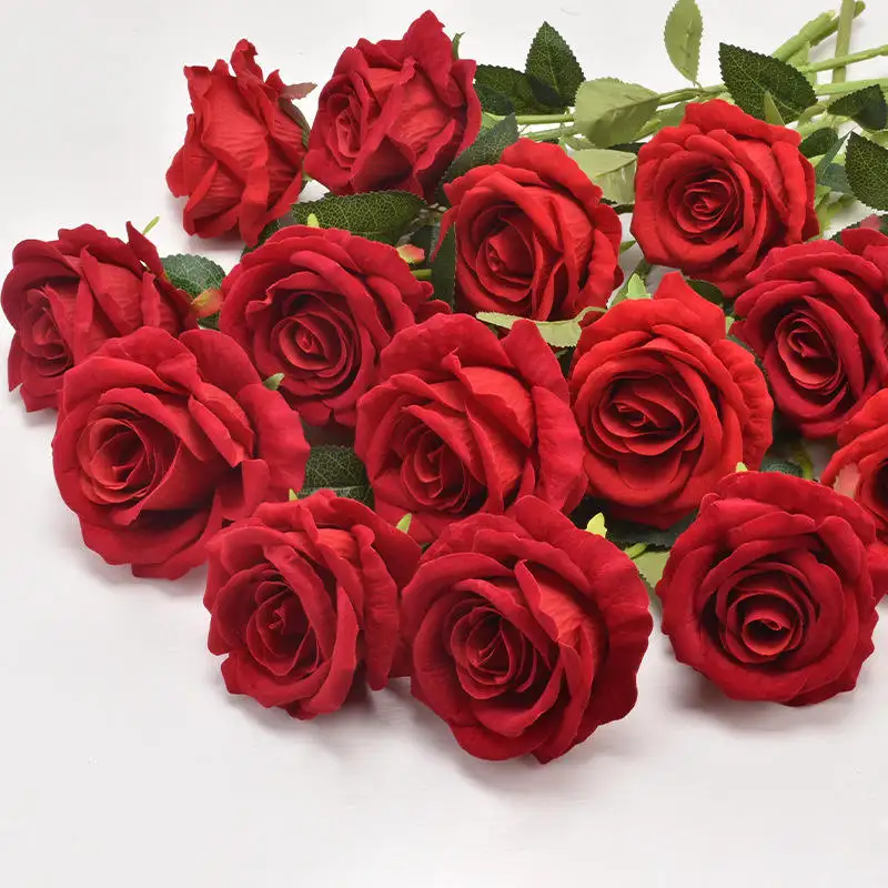 High Quality Red White Artificial Flower Real Touch Velvet Rose Flowers in bulk Wedding home decorative