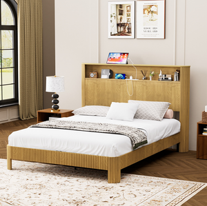 <b>Queen</b> <b>Size</b> Adjustable <b>Bed</b> Frame Storage Headboard Built-in Charging Station Wavy Curved Lines Modern Minimalist - Product Image 4