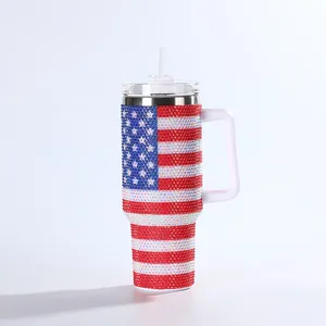 K13 bendera Amerika 40 OZ Mug mobil Bling berlian imitasi kristal Tumbler USA Bling Glitter dengan pegangan dan sedotan