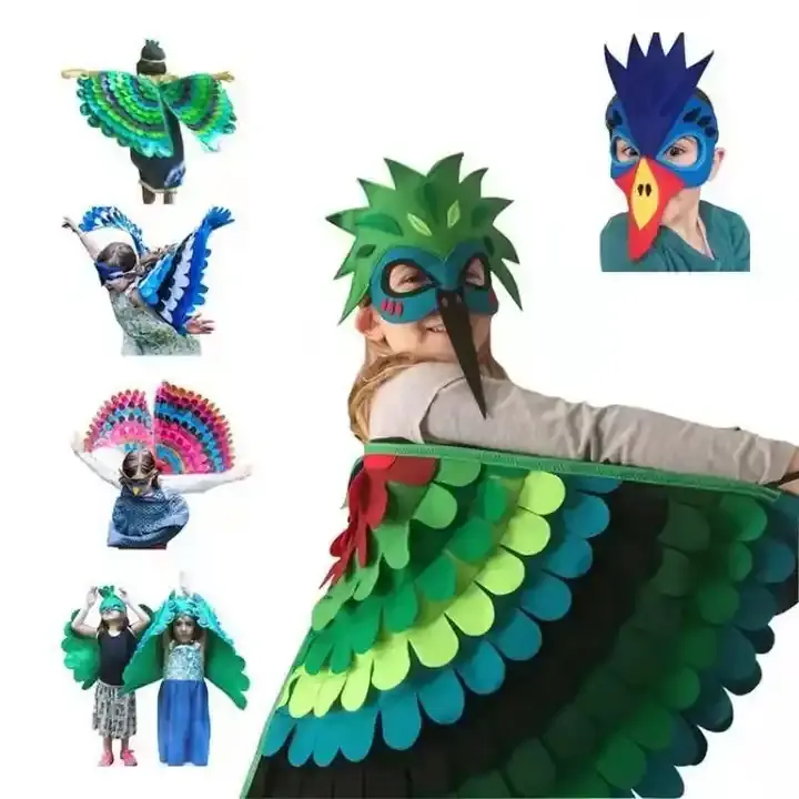 Kinder Tier-Vogelflügel+Maske Kostüm Bühnenauftritt Pfau Eule Papageienvogel-Feltmantel Halloween-Vogel-Cosplay-Mantel für Mädchen Jungen