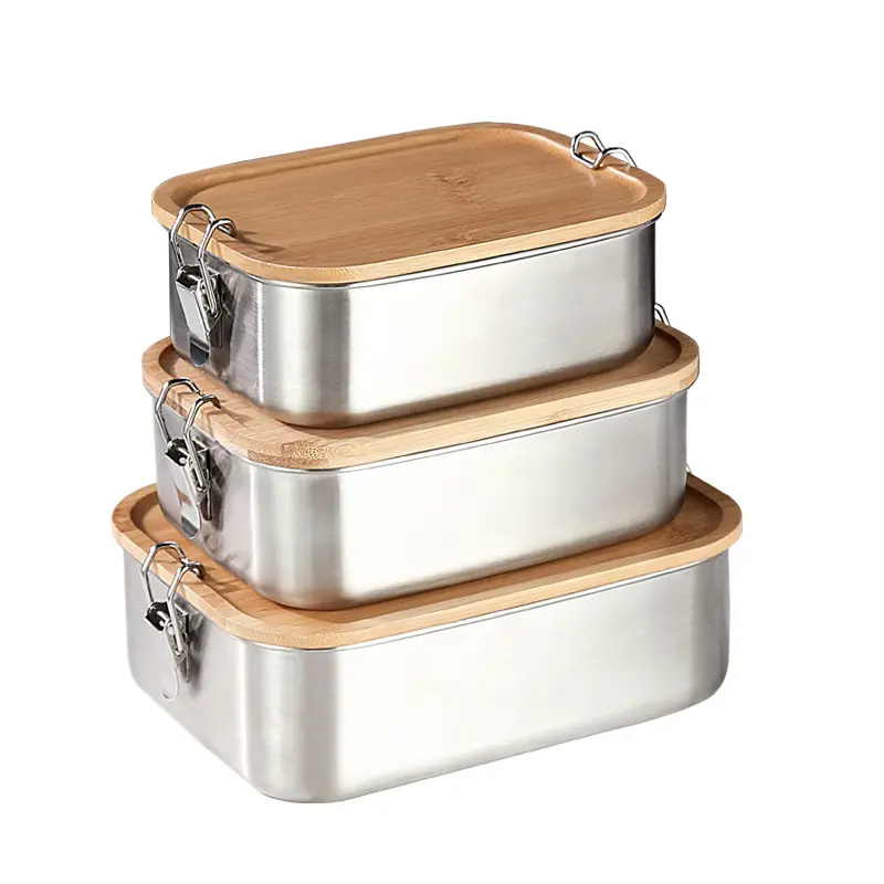 Hot Eco Friendly 18/8 Stainless Steel Bamboo Lid Bento Lunch Box with 2 Buckles 304 Lunch Box Steel with Bamboo Lid