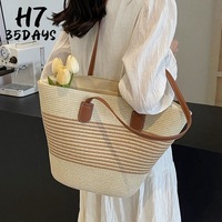 Bolso de Mano de Paja Moderno y Sencillo, Bolso Tote Grande Tejido a Mano para Mujer, Color Sólido, Cierre Abierto, Estilo Casual de Verano