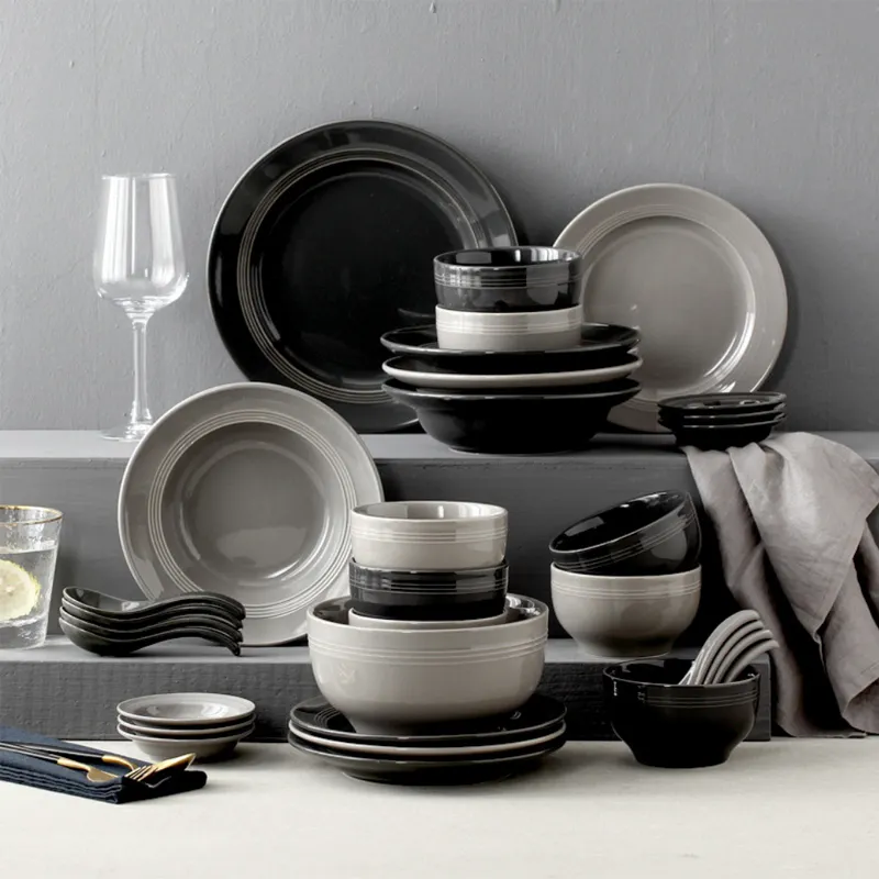 Wholesale European Style Luxury Black Gray Ceramic Dinner Sets